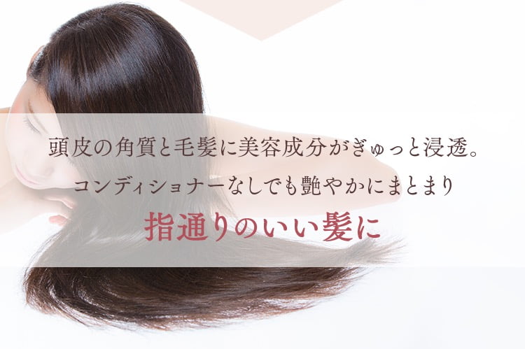 頭皮の角質と毛髪に美容成分がぎゅっと浸透。コンディショナーなしでも艶やかにまとまり指通りのいい髪に